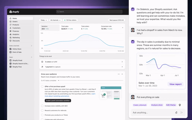 Demo di Shopify Sidekick: conversazione con l'assistente AI che analizza un calo di vendite e genera un grafico